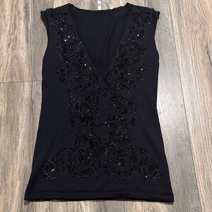 Wool Black Sequin Embellished V-Neck Sleeveless Tank Top